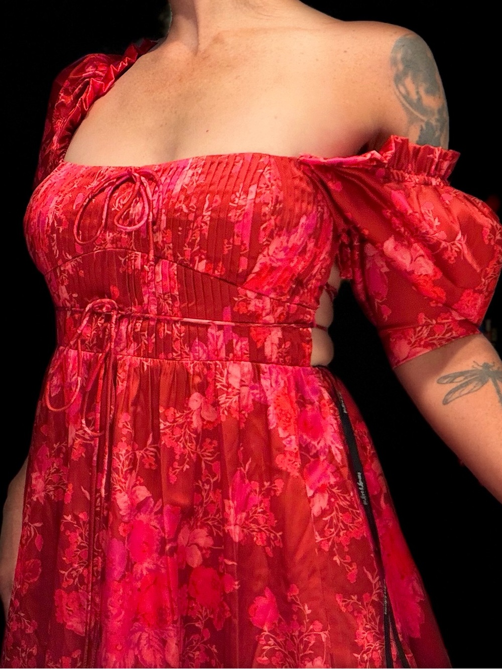 For Love & Lemons Red Floral Off-Shoulder Mini Dress